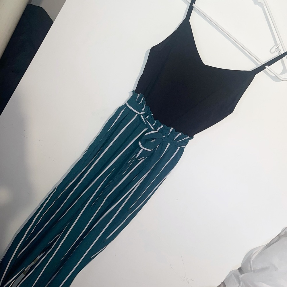 Francesca’s Mi Ami Turquoise Black Green Striped Jumpsuit small